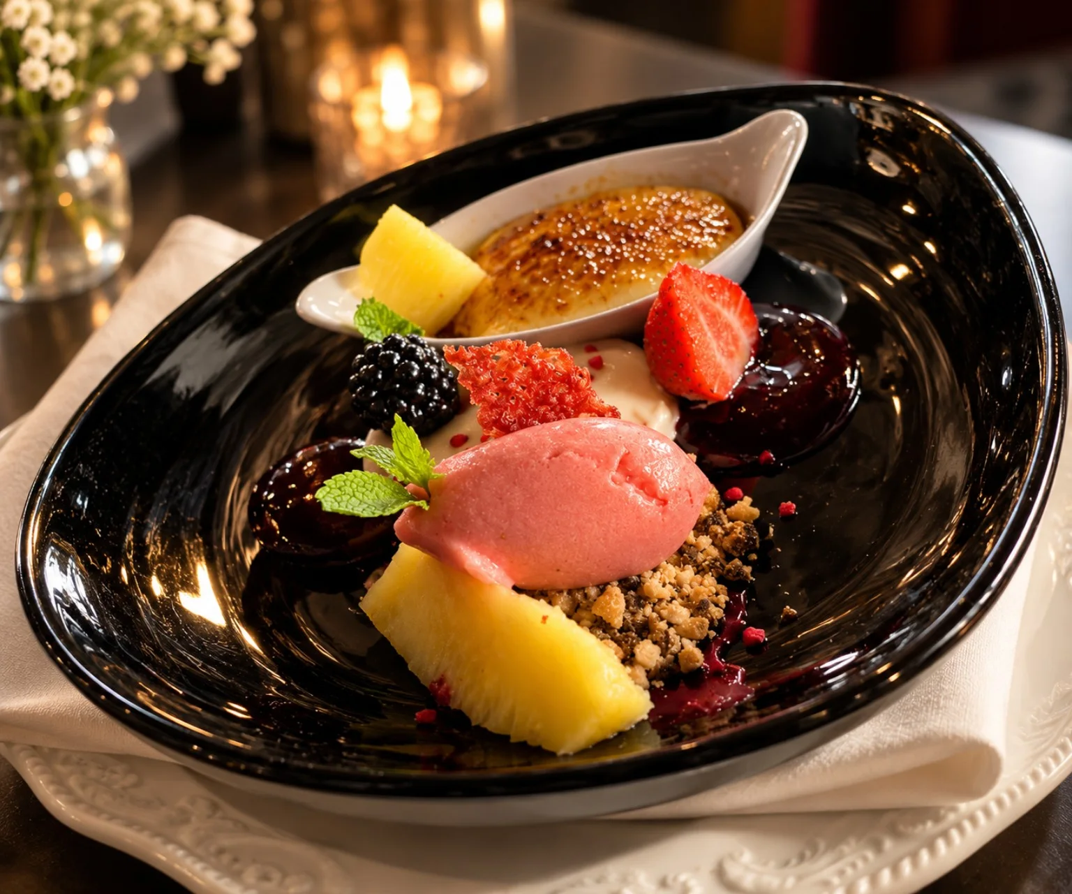 Dessert met sorbet, rood fruit en crème brûlée