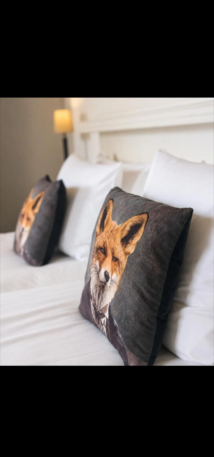 Vossenkussens op het bed in de Herbergierskamer
