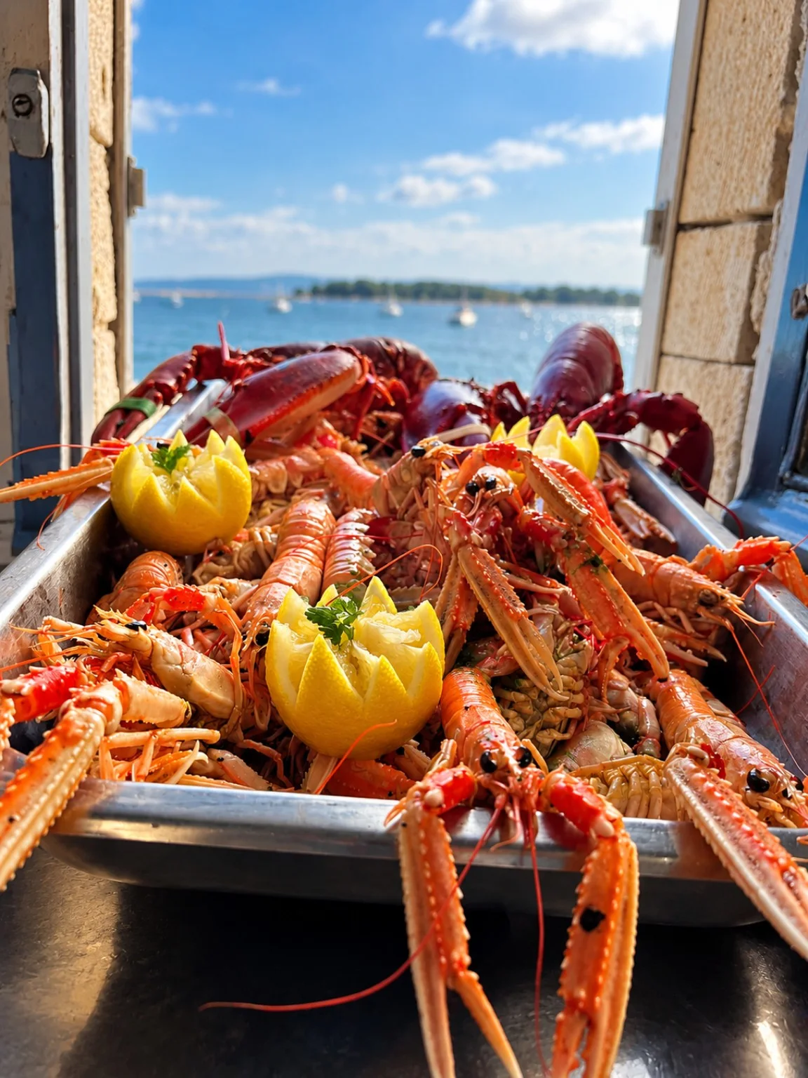 Schaal met kreeft en langoustines bij het raam met uitzicht op het water