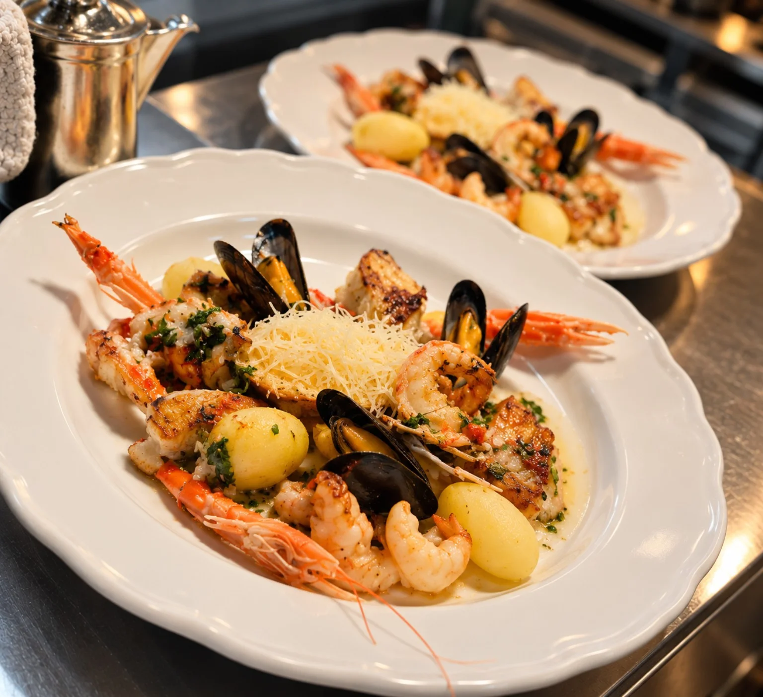 Visgerecht met garnalen, schelpdieren en aardappelen